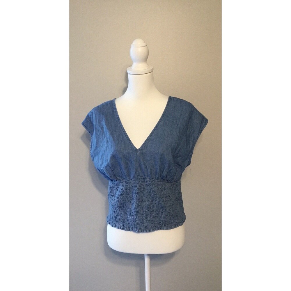 Old Navy Blue Denim Ruched Waist Sz Medium Petite Tie Vack Sleeveless